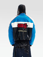 BLINDNOPLAN Color Block Faux Leather Padded Jacket in Blue - On Model