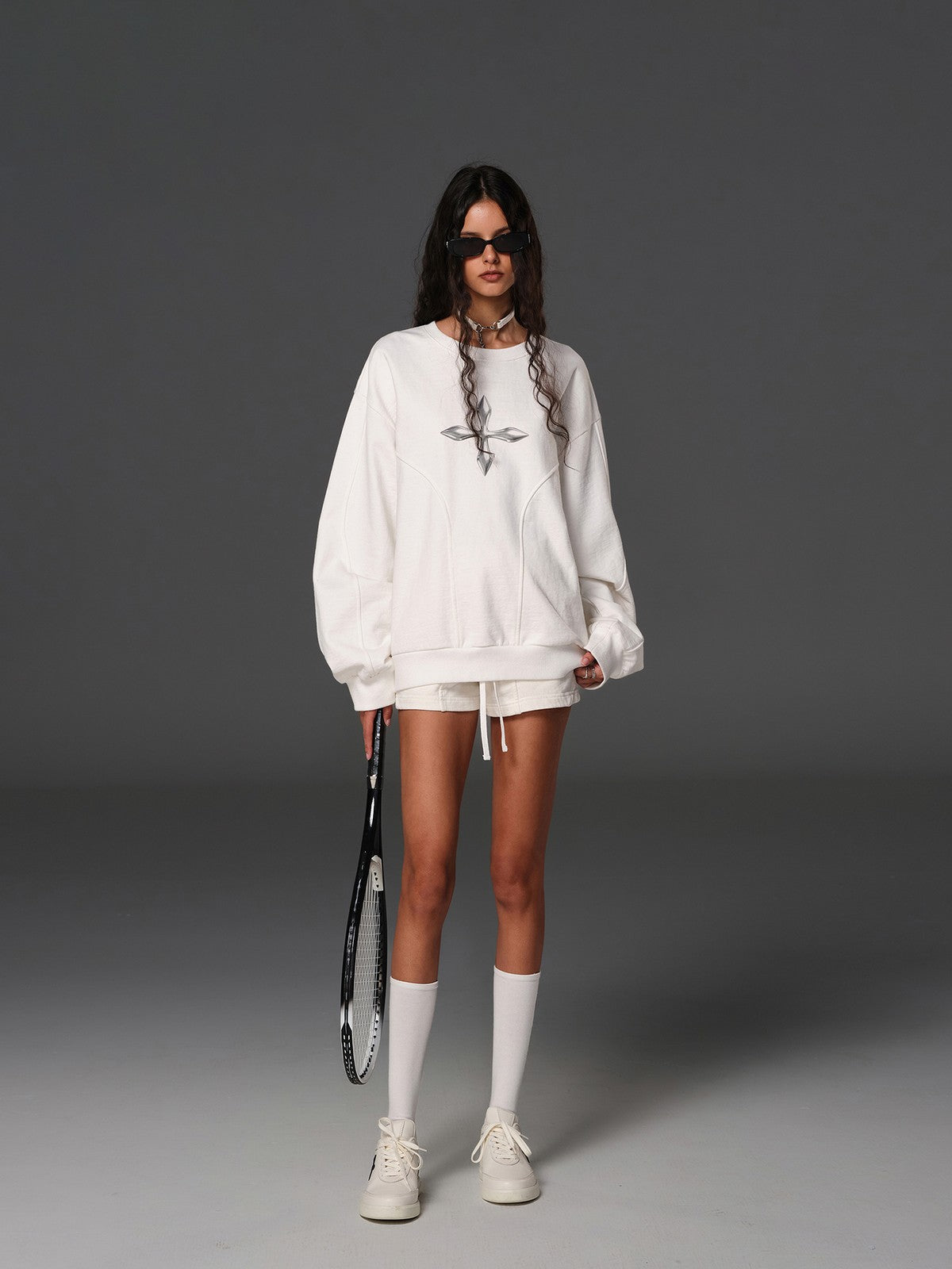 SMFK Cotton Wool Blend Drawstring Shorts in White - On Female Model