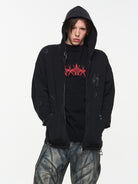 BLINDNOPLAN Washed Distressed Graphic Zip Hoodie in Black - On Male Model