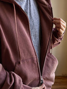 USAGE Vintage Washed Double Layer Zip Hoodie in Burgundy - On Model