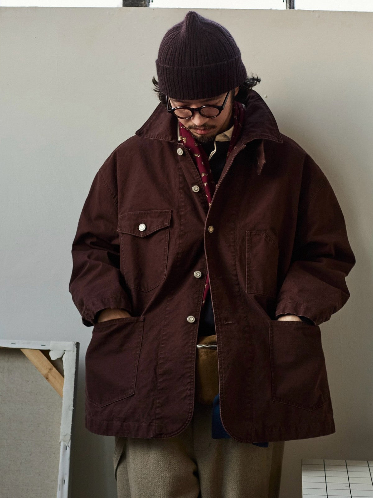 USAGE Washed Heavyweight Cotton Chore Jacket in Brown - On Male Model
