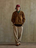 USAGE Distressed Faux Suede Moto Jacket in Brown - On Male Model