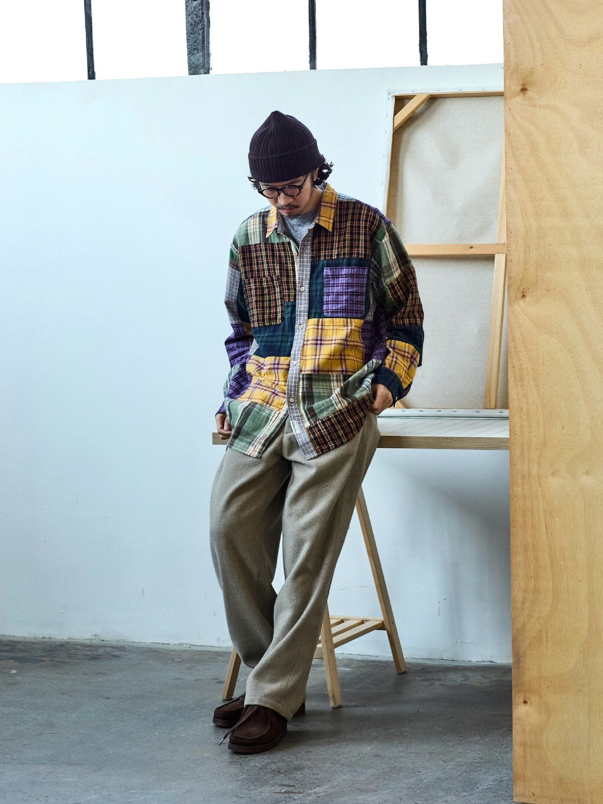 USAGE Cotton Plaid Patchwork Shirt in Patchwork - On Male Model