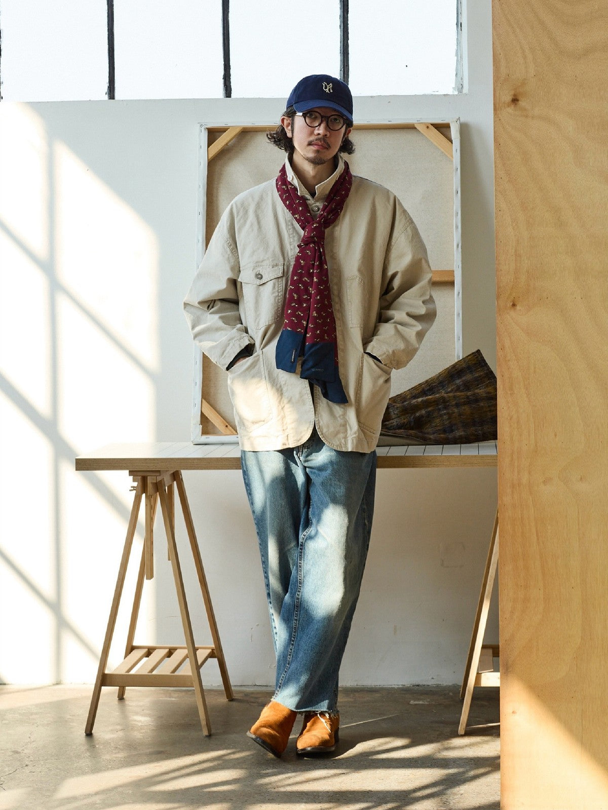 USAGE Washed Heavyweight Cotton Chore Jacket in Beige - On Male Model
