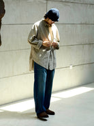 USAGE Crinkled Cotton Striped Button Down in Beige - On Male Model