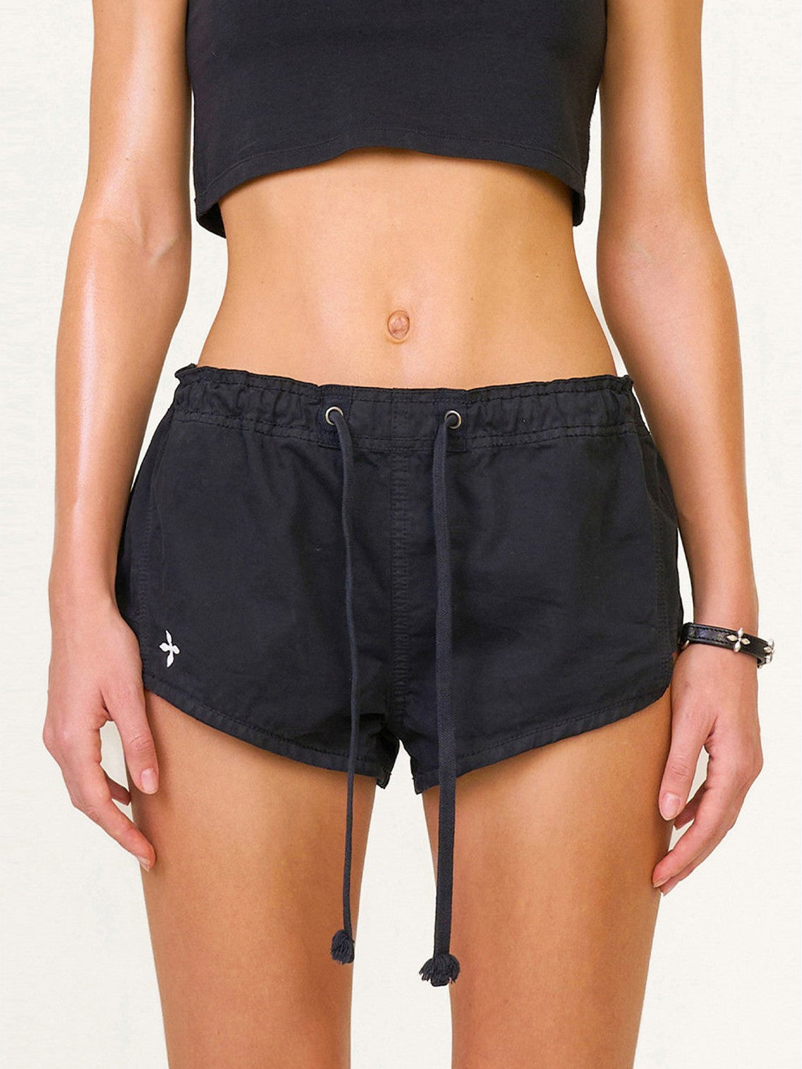 SMFK Low Rise Drawstring Cotton Shorts in Black - On Female Model