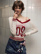 BEERBRO Puppy Patch Sheer Knit V Neck in White - On Female Model