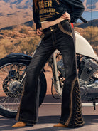BEERBRO Leopard Panel Lace Up Flare Jeans in Denim - On Female Model