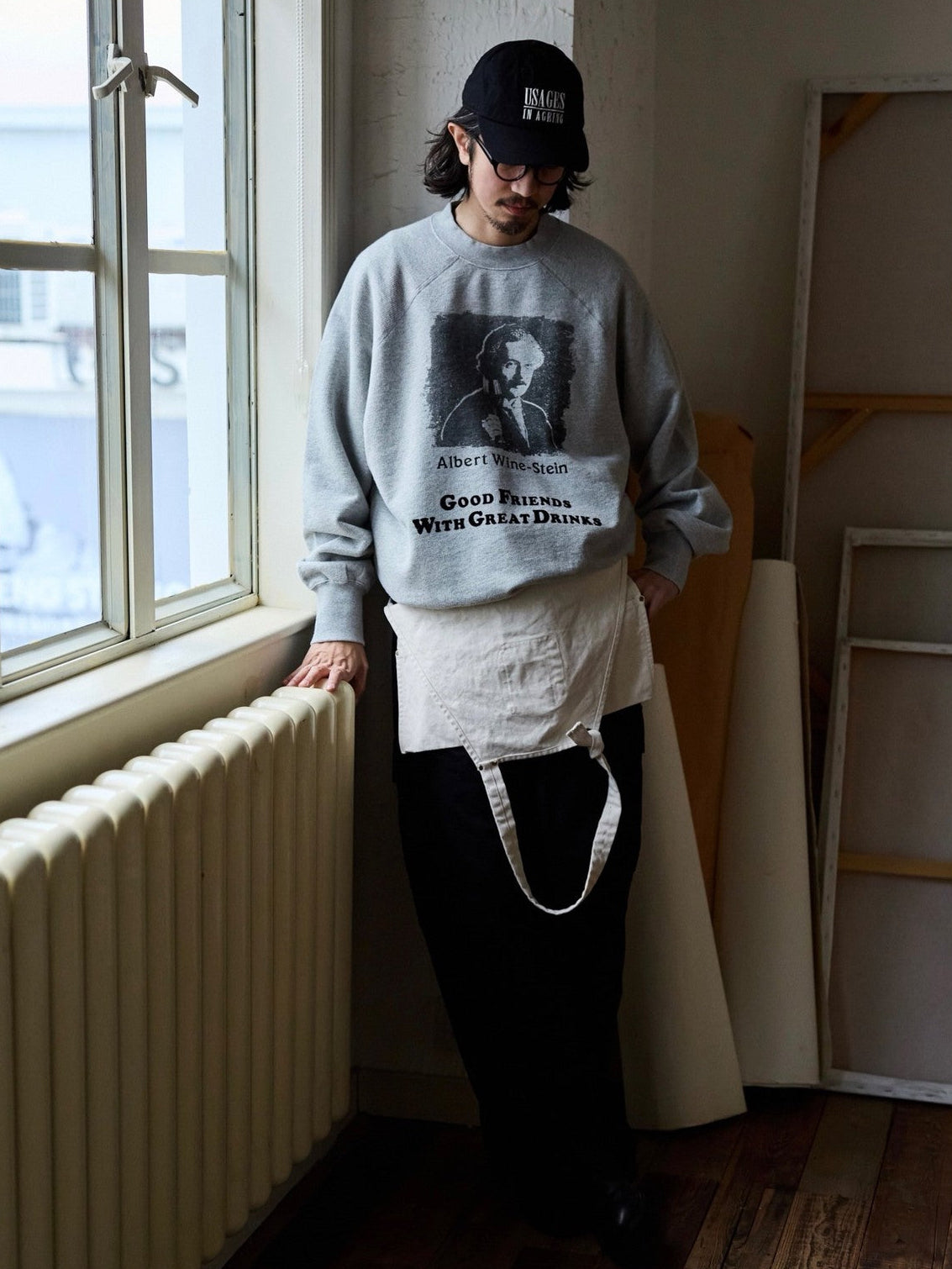 USAGE Washed Cotton Graphic Sweatshirt in Gray - On Male Model