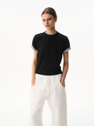 BLINDNOPLAN Embroidered Mock Two Piece T Shirt in Black - On Female Model