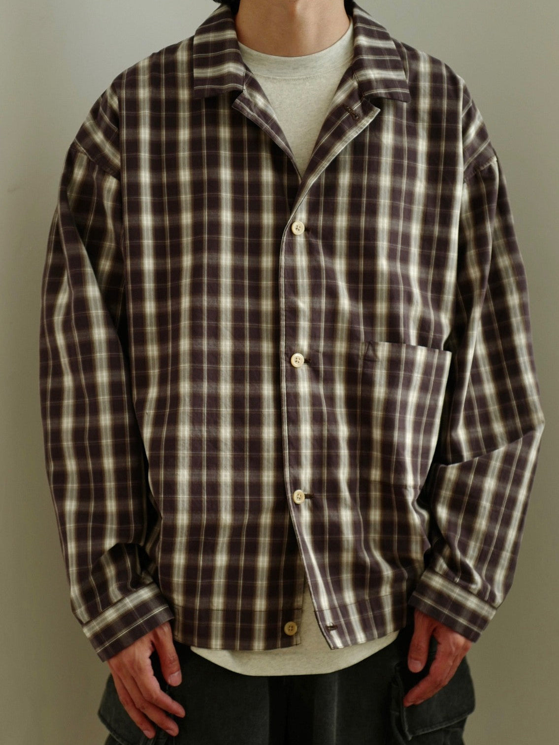 USAGE Gradient Plaid Cotton Blouson in Brown - On Male Model