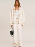 SMFK Distressed Washed Cotton Zip Up Hoodie in White - On Female Model