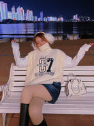 BEERBRO Graphic Cable Knit Turtleneck Vest in Beige - On Female Model