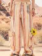 BEERBRO Washed Cotton Striped Cargo Pants in Pink - On Female Model