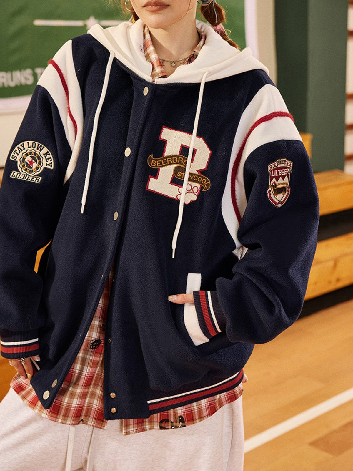 BEERBRO Detachable Hood Varsity Jacket in Navy Blue - On Female Model