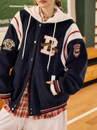 BEERBRO Detachable Hood Varsity Jacket in Navy Blue - On Female Model