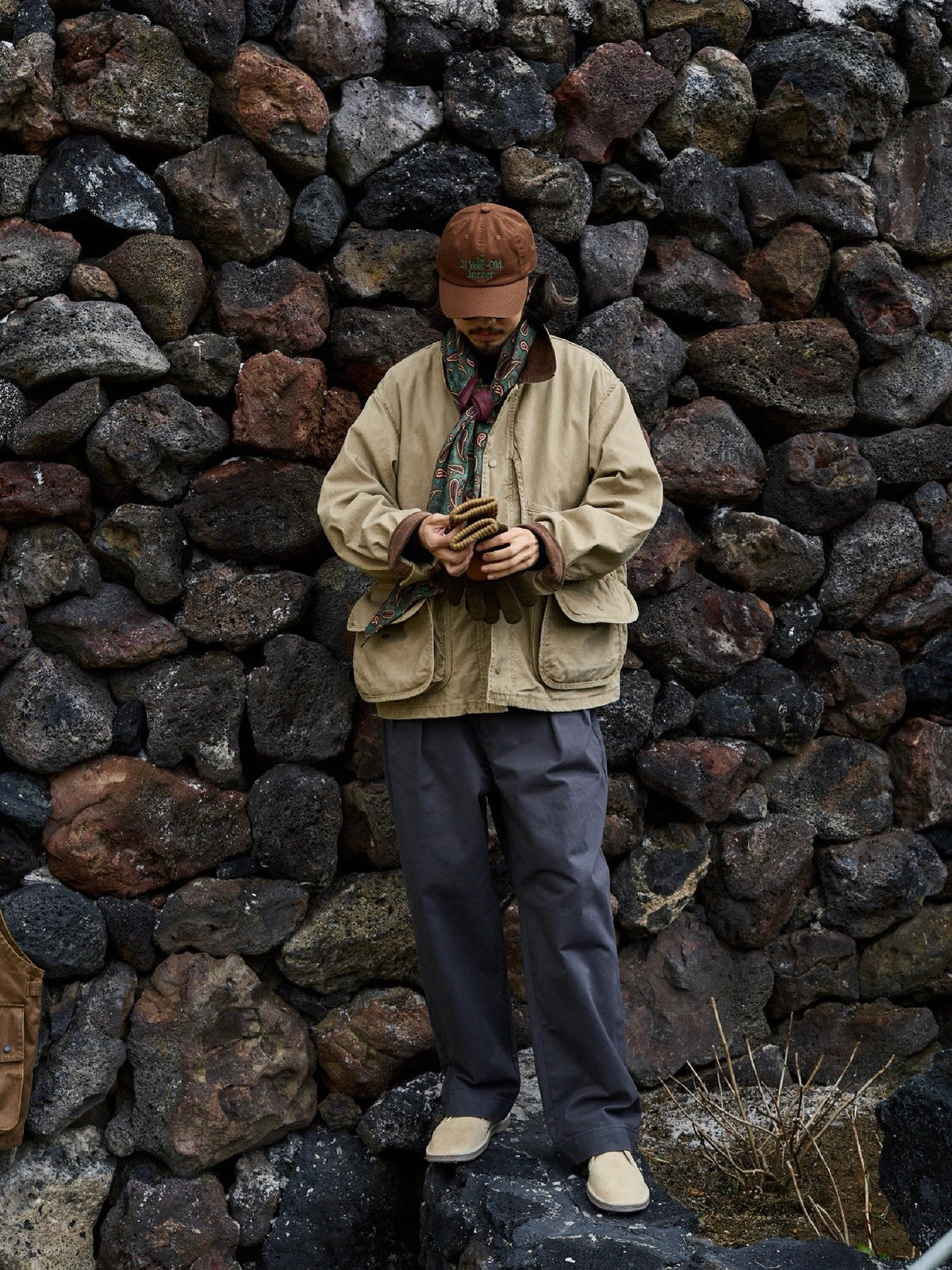 USAGE Heavyweight Cotton Canvas Barn Jacket in Beige - On Male Model