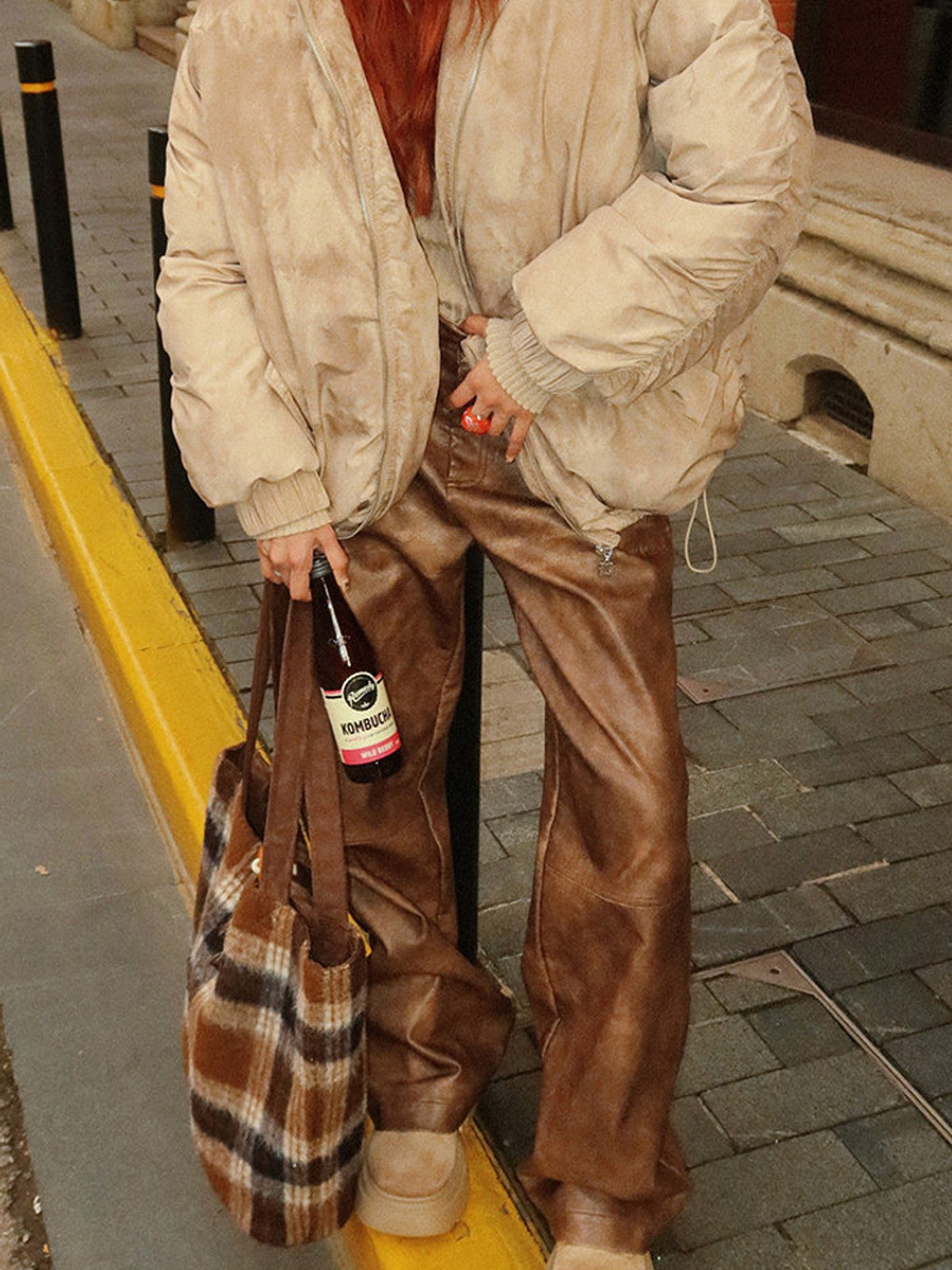 BEERBRO Washed Cotton Ruched Puffer in Beige - On Female Model