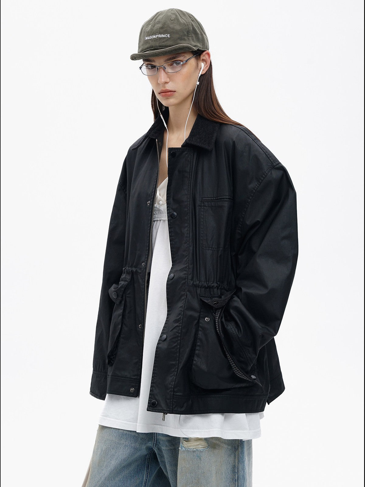 MASONPRINCE Waxed Cotton Barn Jacket in Black - On Female Model