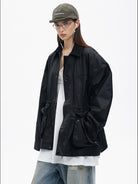 MASONPRINCE Waxed Cotton Barn Jacket in Black - On Female Model