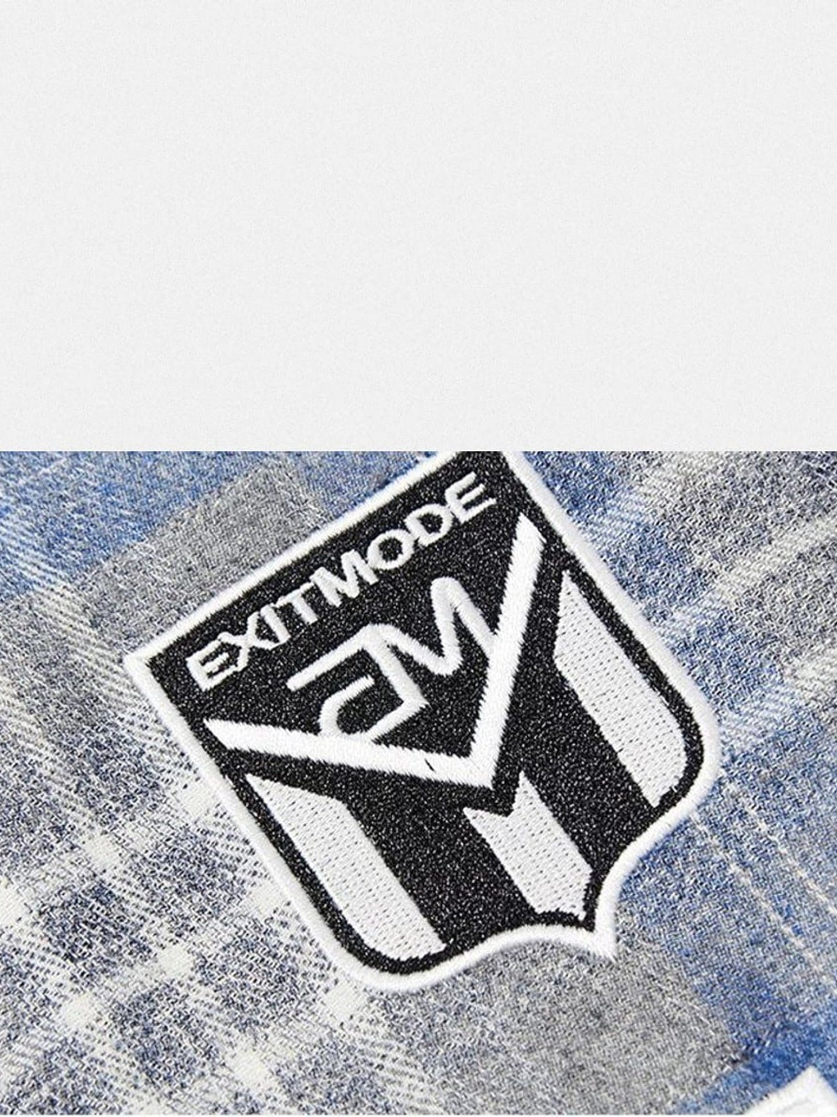 BLINDNOPLAN Paneled Plaid Pullover Hoodie in Blue - Detail