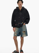 MASONPRINCE Washed Distressed Denim Shorts in Denim - On Male Model