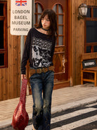 BEERBRO Studded Rhinestone Micro Flare Jeans in Navy - On Female Model