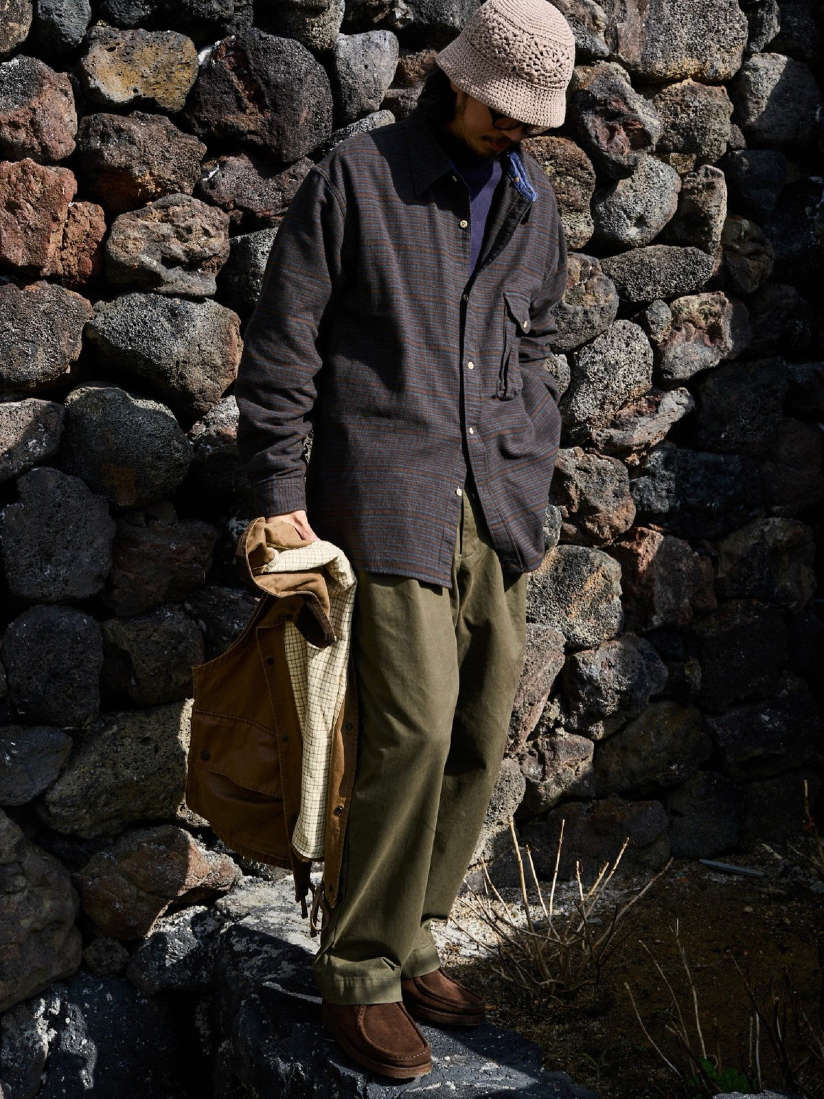 USAGE Detachable Hood Cotton Plaid Shirt in Brown - On Male Model