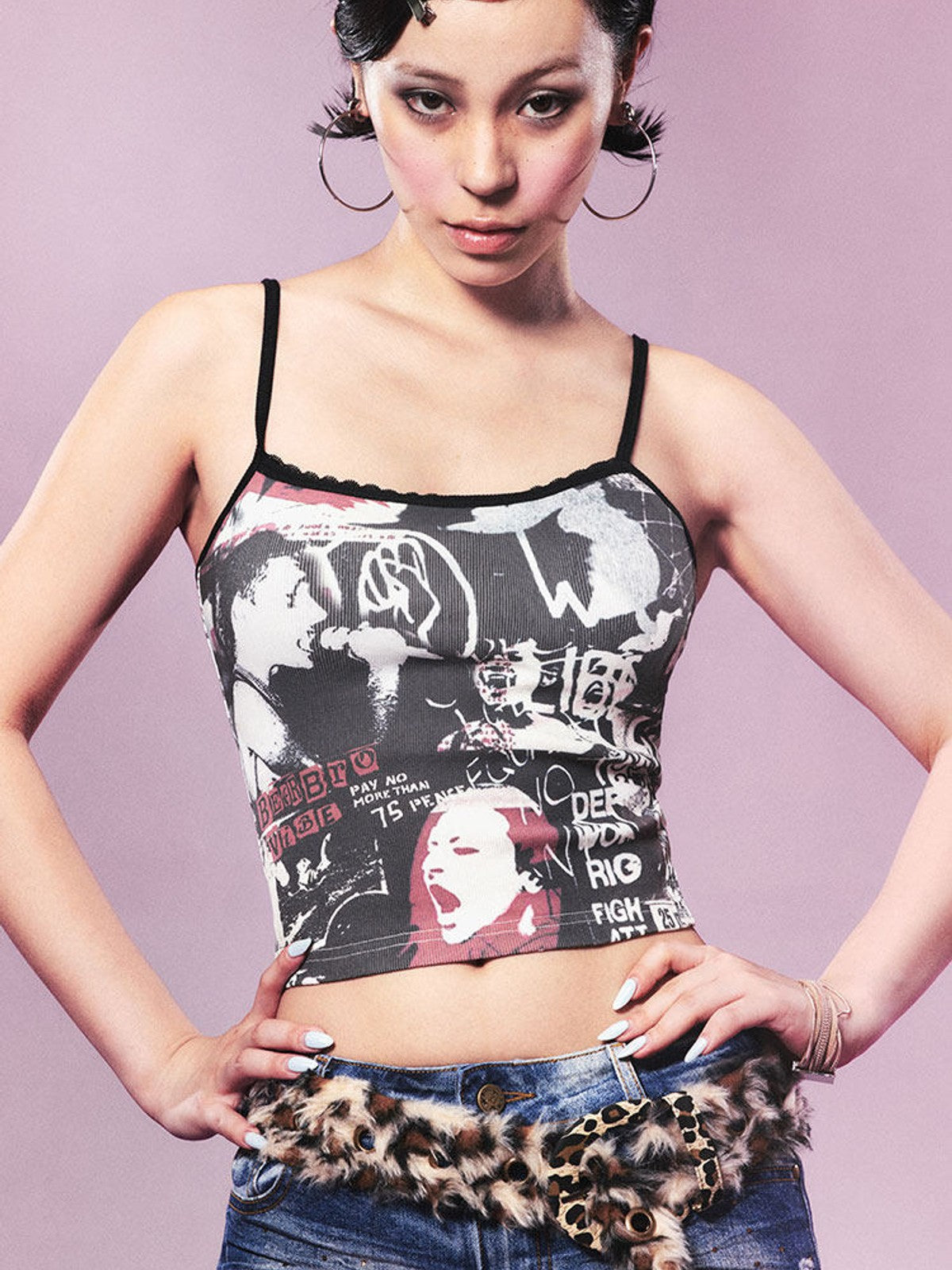 BEERBRO Rock Graphic Cropped Camisole in Gray - On Female Model