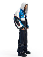 BLINDNOPLAN Color Block Faux Leather Padded Jacket in Blue - On Male Model