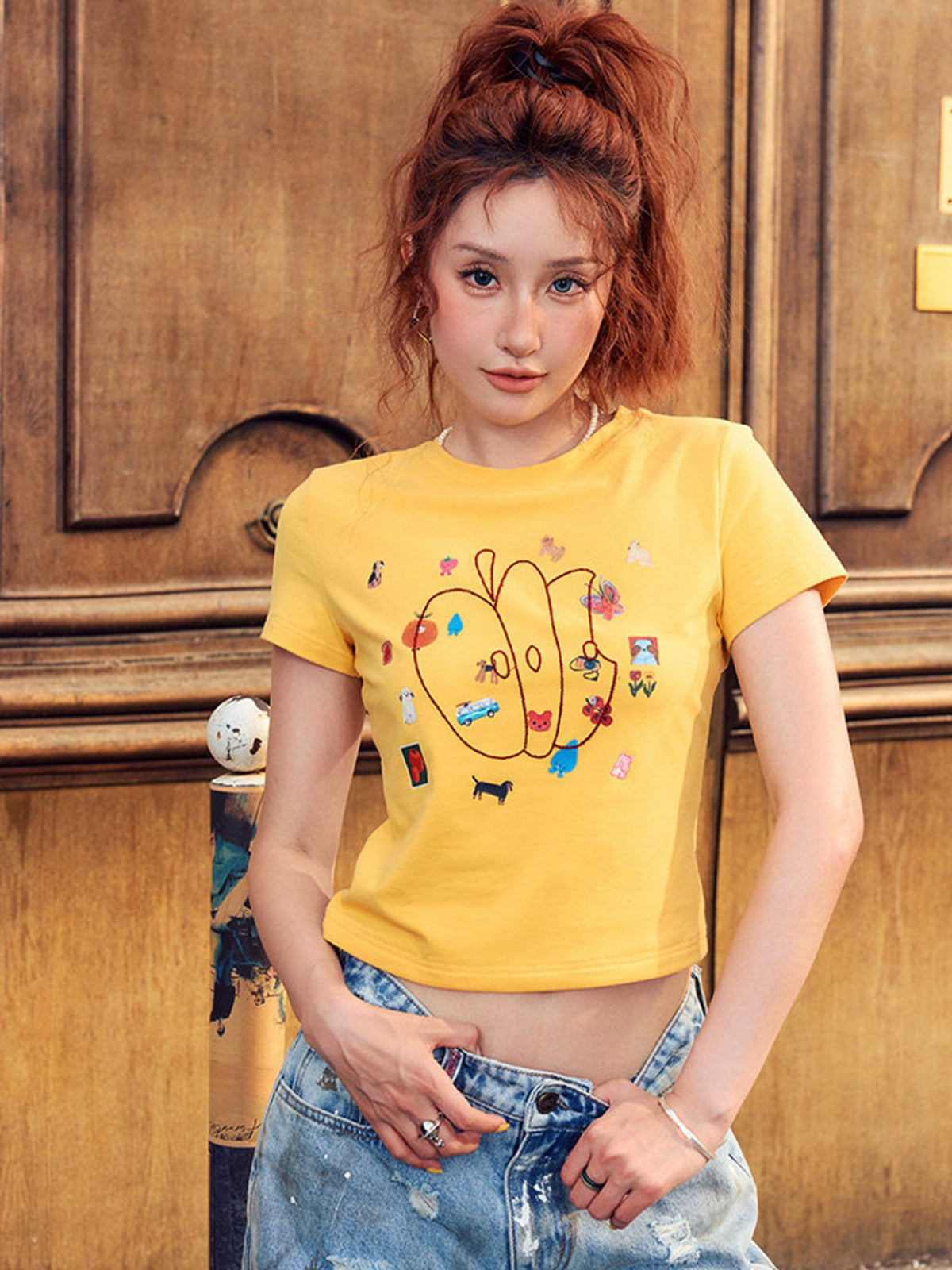 BEERBRO Embroidered Apple Crop Tee in Yellow - On Female Model
