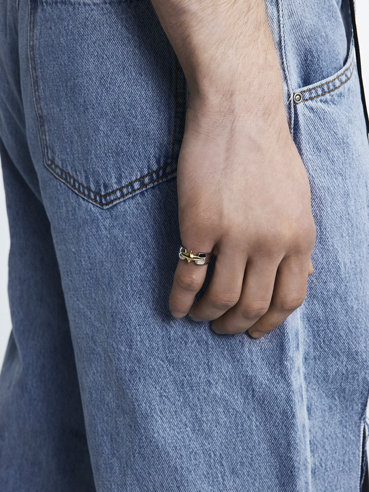 BLACKHEAD Structural Two Tone Star Ring in Gold - On Male Model