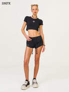 SMFK Low Rise Drawstring Cotton Shorts in Black - On Female Model