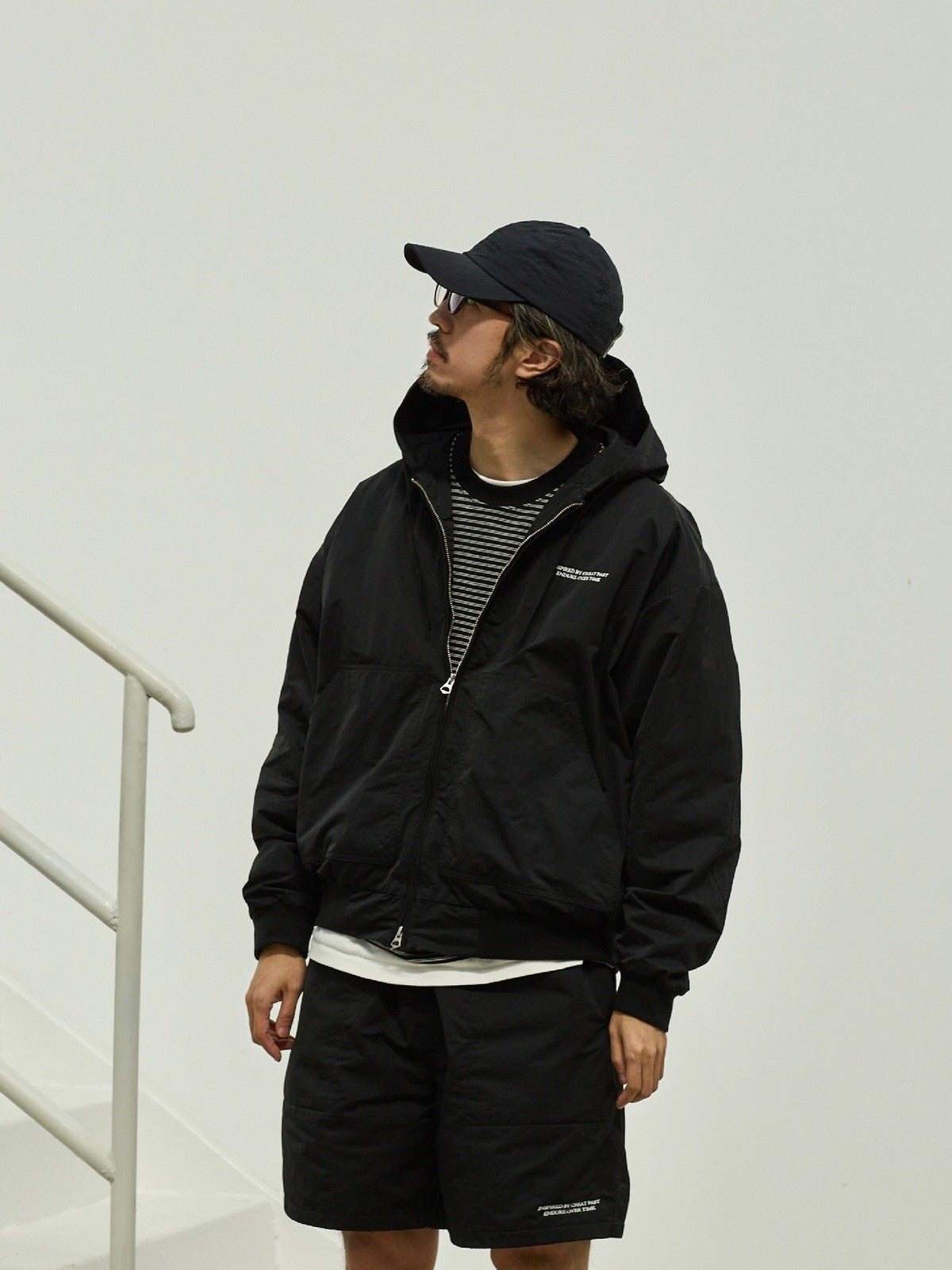 USAGE Crinkle Nylon Hooded Track Jacket in Black - On Male Model