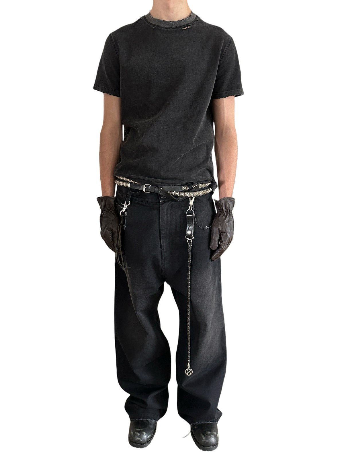 UNKNOWNWORLD Washed Distressed Slim Fit T Shirt in Black - On Male Model