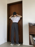 MASONPRINCE Pleated Wide Leg Trousers in Gray - On Female Model