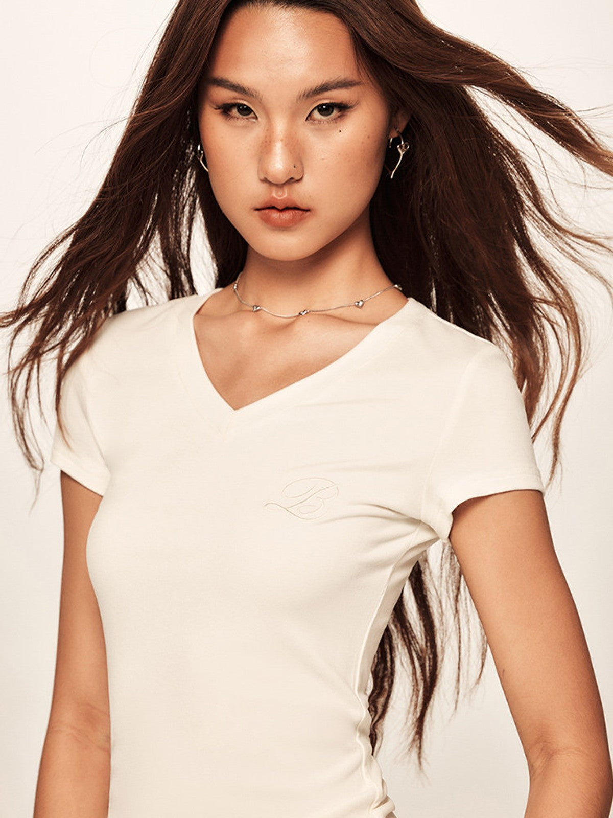 BEERBRO Slim Fit V Neck T Shirt in White - On Female Model
