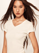 BEERBRO Slim Fit V Neck T Shirt in White - On Female Model