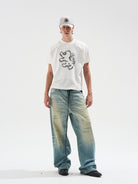BLINDNOPLAN Sorona Panelled Graphic T Shirt in Blue - On Male Model