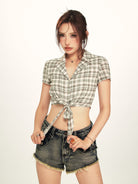 BEERBRO Plaid Cross Front Crop Shirt in Mint - On Female Model