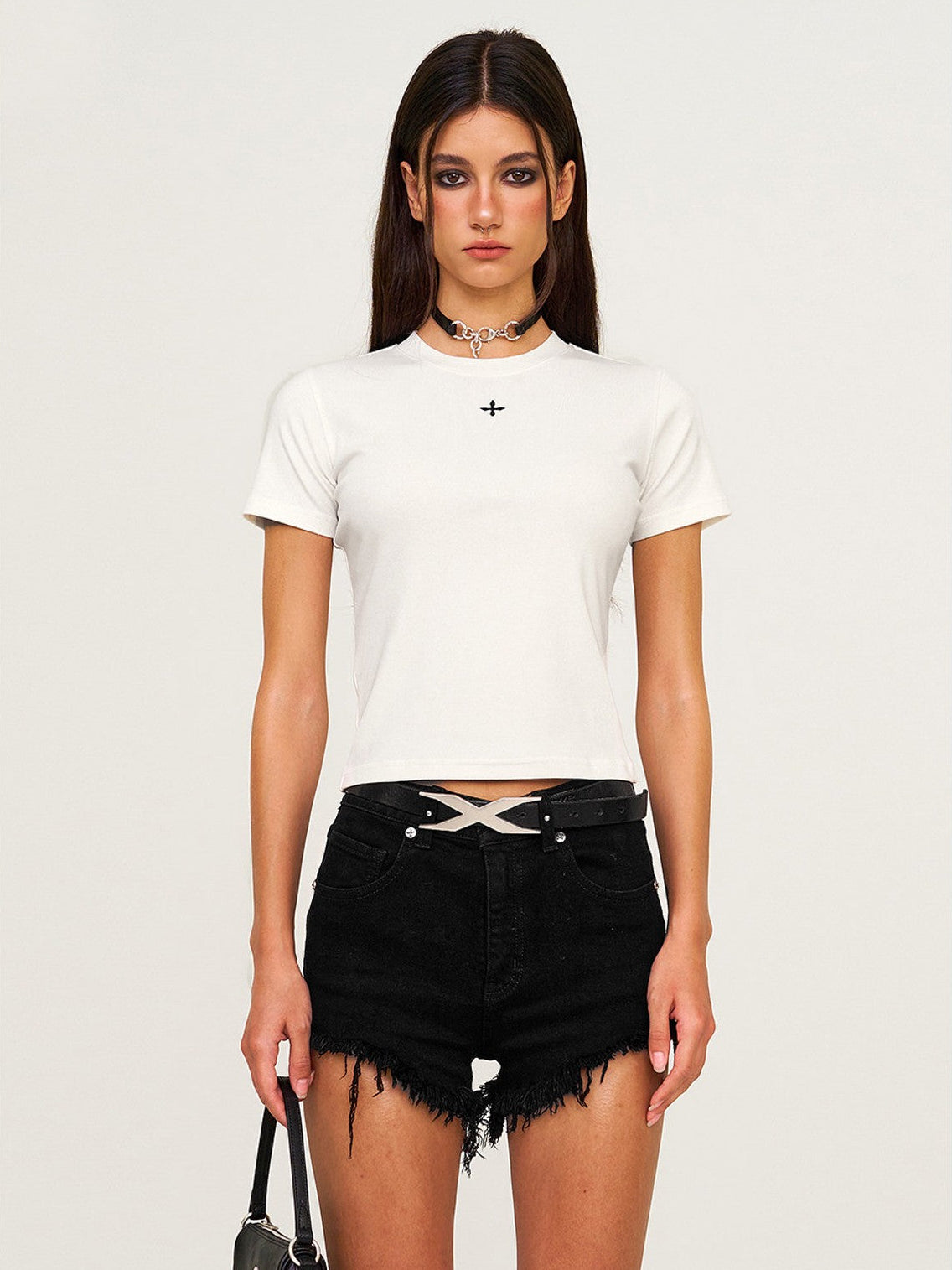 SMFK Embroidered Cross Crewneck Tee in White - On Female Model