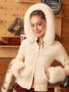 BEERBRO Fur Trimmed Rhinestone Knit Hoodie in Orange - On Female Model