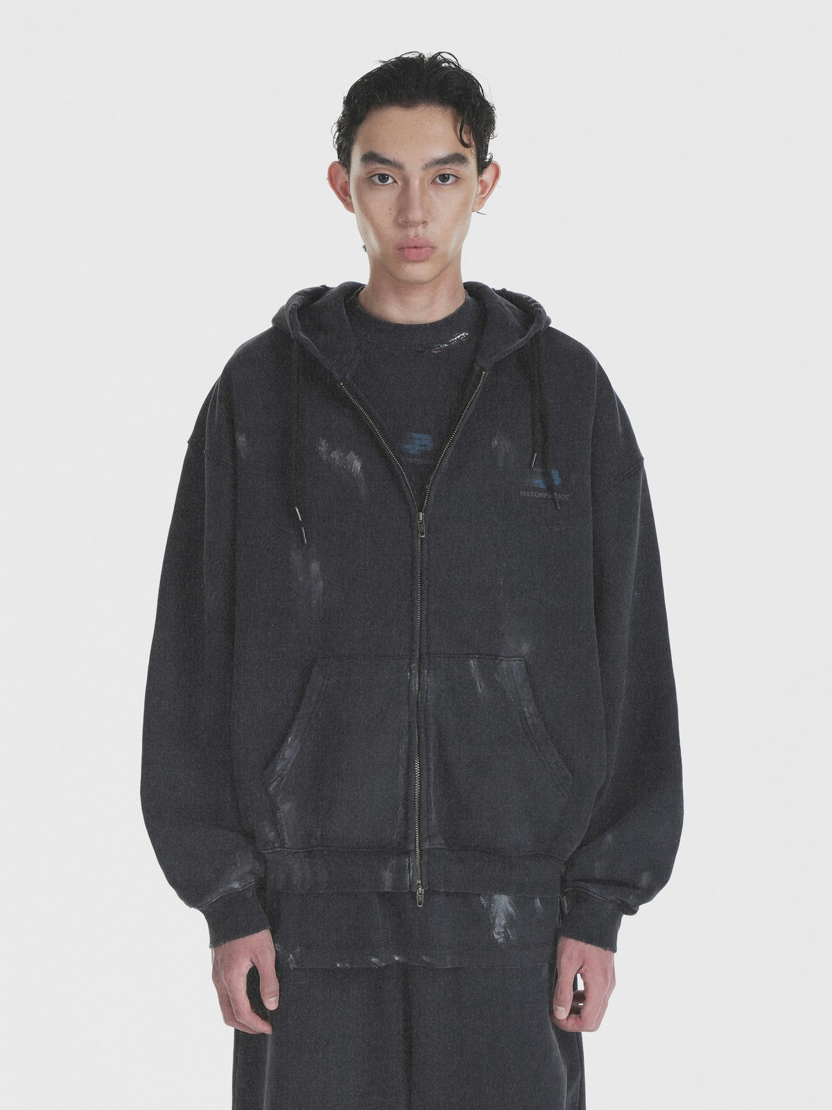 MASONPRINCE Distressed Painted Zip Up Hoodie in Charcoal - On Male Model