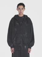 MASONPRINCE Distressed Painted Zip Up Hoodie in Charcoal - On Male Model