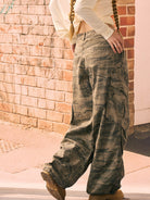 BEERBRO Camo Wide Leg Cargo Pants in Olive - On Female Model