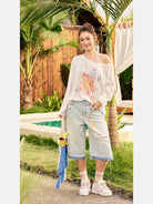 BeerBro Rhinestone Floral Sheer Top in White - On Female Model