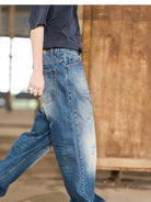 BLINDNOPLAN Distressed Dark Wash Straight Jeans in Blue - On Model