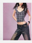 BeerBro Backless Plaid Mesh Top in Gray - On Female Model