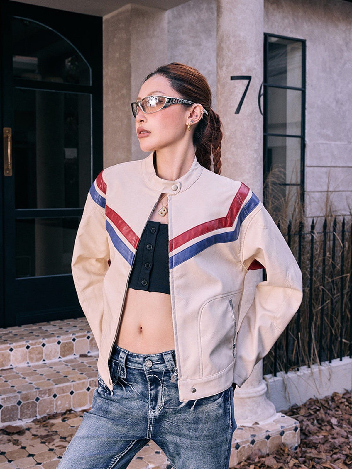 BEERBRO Contrast Stripe Leather Jacket in Cream - On Female Model
