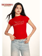 BEERBRO Studded Graphic Mock Neck Tee in Red - On Female Model
